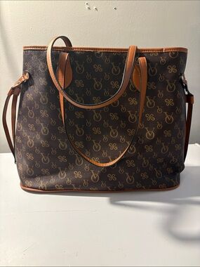 Brown Monogram Tote Bag with Tan Trim